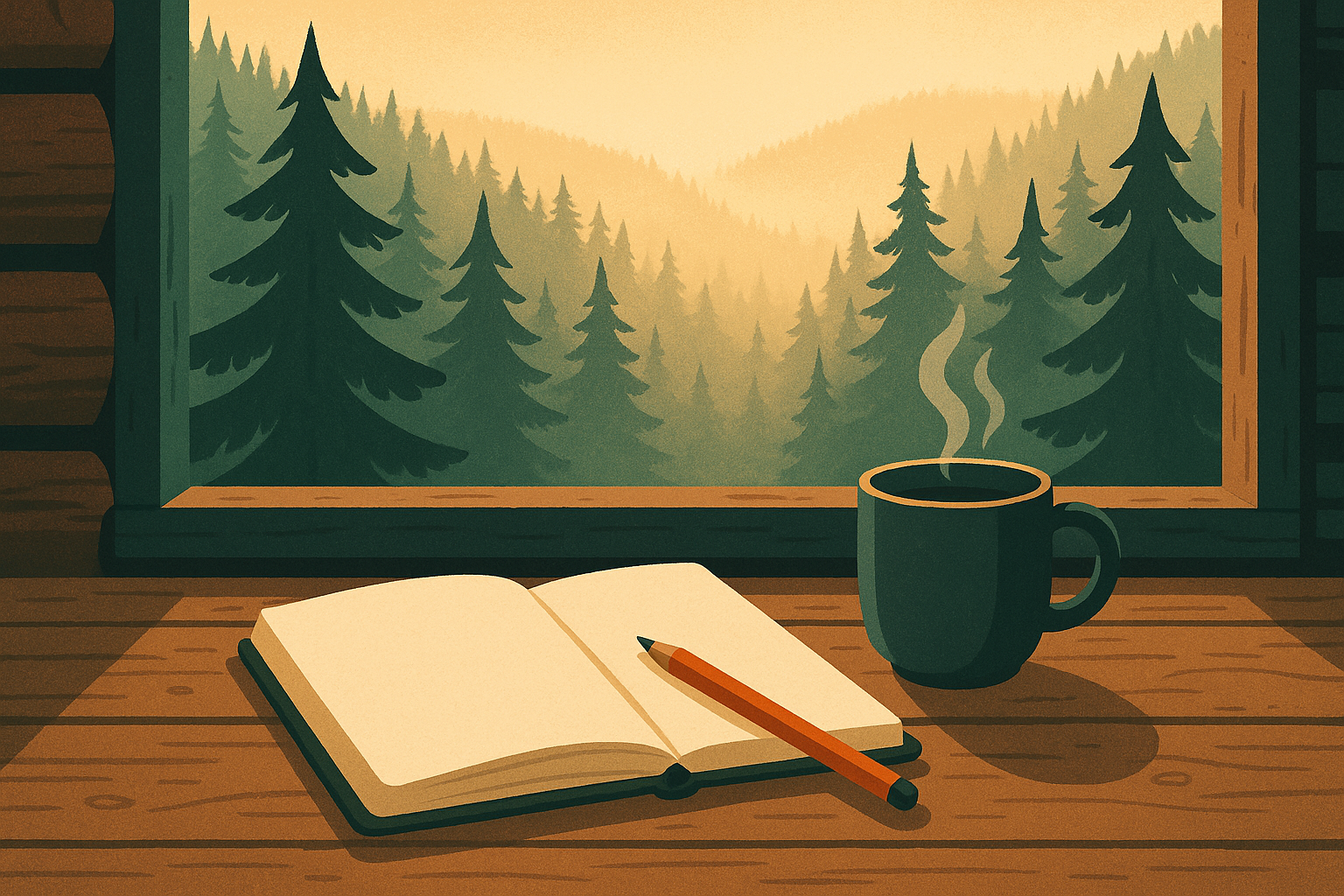 Åpen notatbok og en kopp kaffe på et trebord ved et vindu, med tåkelagt norsk granskog i gyllent morgenlys utenfor.